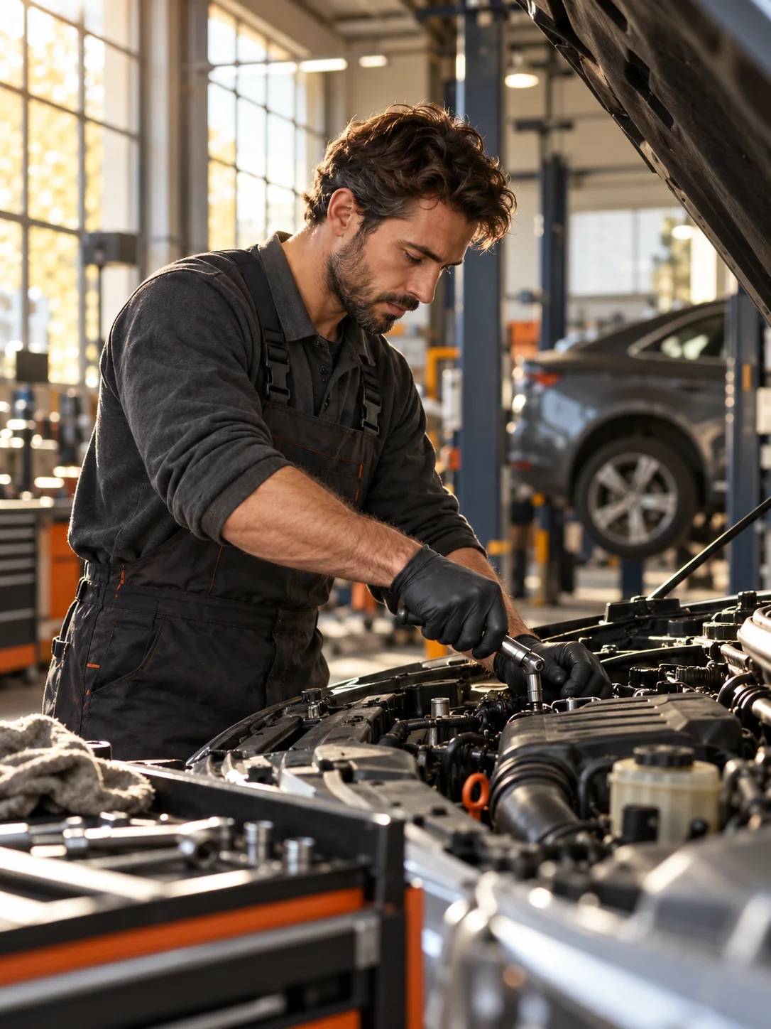 Mechanic carefully working under the hood in a workshop