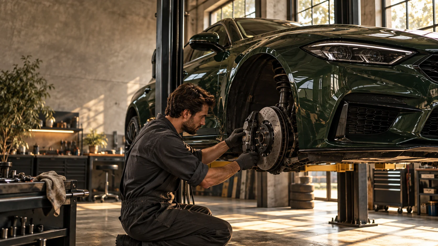 Mechanic working on a car in a bright garage