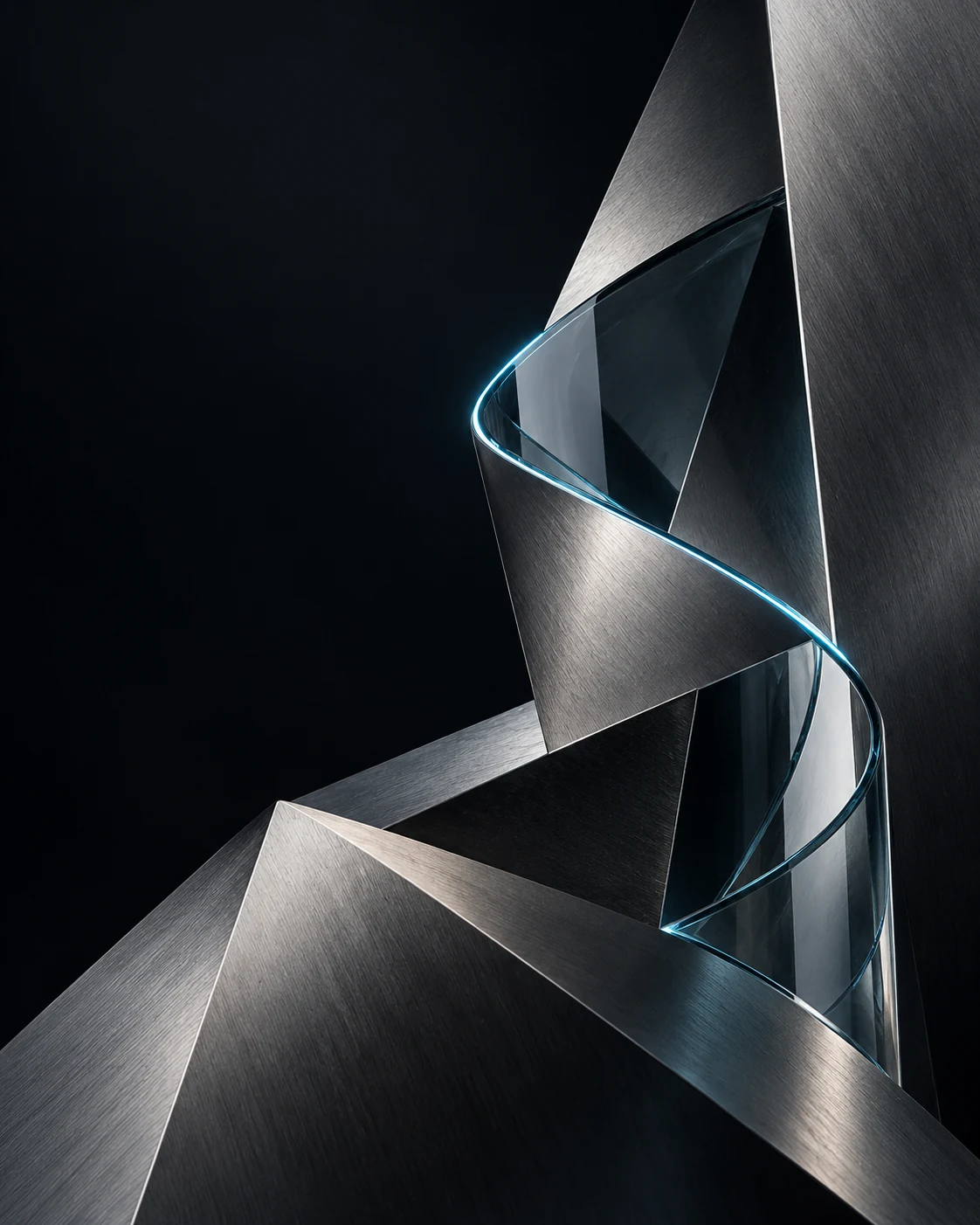 Abstract steel and glass form with a fine cyan edge